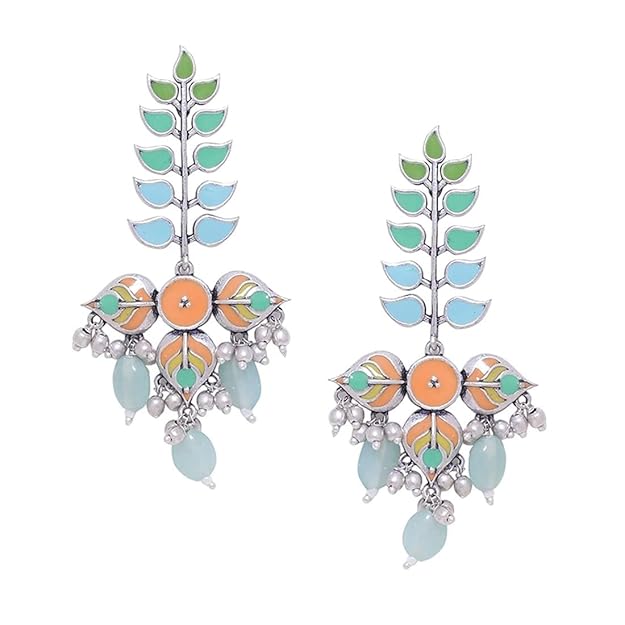 Silver Leaf Earrings in Oxidised Multicolor Long Drop Leaf Design for Women and Girls
