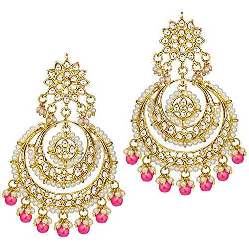 Pearl Necklace and Earring Set in Gold Plated Kundan Chandbali Design with Maang Tikka