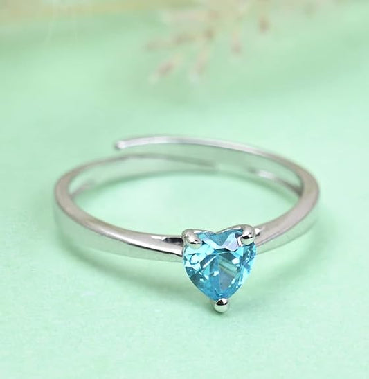 Silver Ring with Blue Heart in Pure 925 Sterling Silver Minimal Design with Adjustable Band