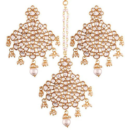 Diamond Mang Tika Style in Gold Plated Kundan & Pearl Earring Set