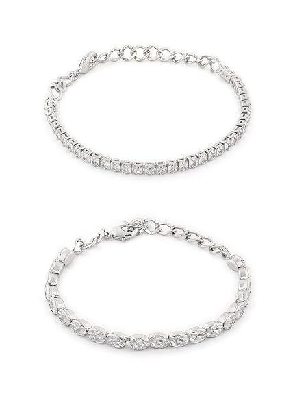Silver Tennis Bracelet with Contemporary Cubic Zirconia Design (Set of 2)