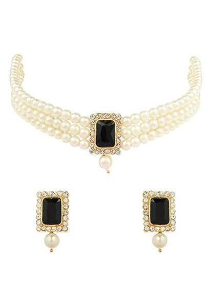 Pearl Choker Necklace in Gold Plated Traditional Stone and Pearl Choker Necklace Jewellery Set for Women