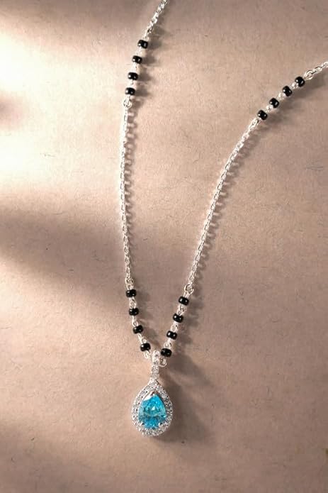 Black Diamond Beads Mangalsutra in 925 Sterling Silver Teardrop Tanmaniya Pendant with Black Beads Chain