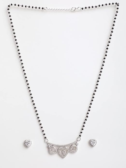 Mangalsutra Necklace Modern in 925 Sterling Silver Elegant Stone Studded Design with Earrings