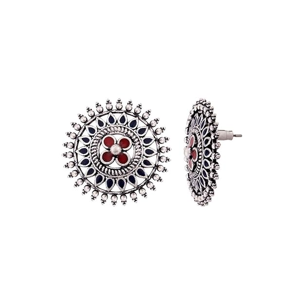 Oxidised Floral Mandala Silver Stud Earrings