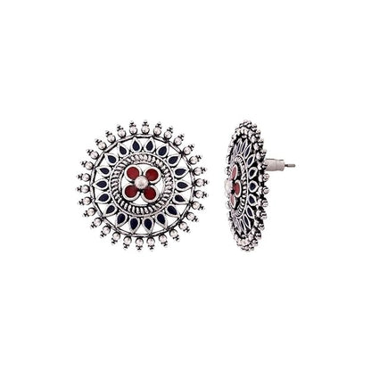 Oxidised Floral Mandala Silver Stud Earrings