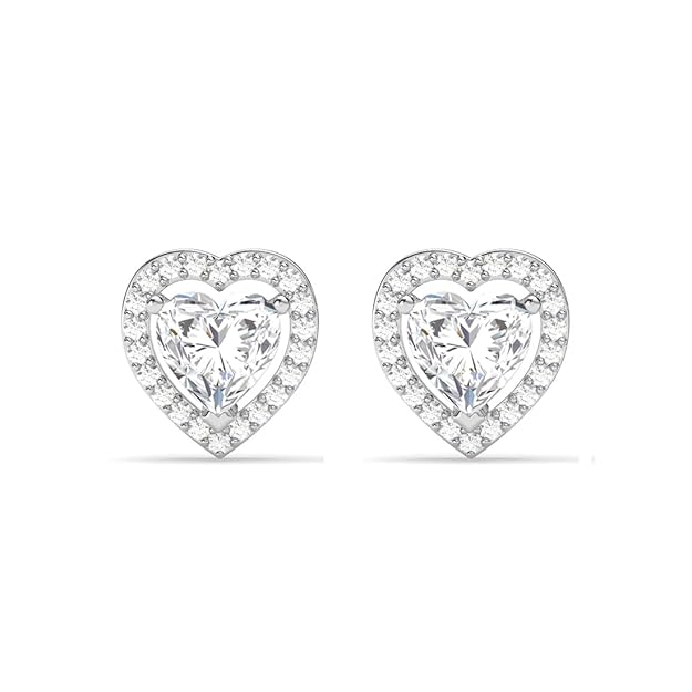 Heart Stud Earrings in Sterling Silver Zilvia Heart Solitaire Design with Platinum Plated Swiss Zirconia
