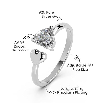 Silver Diamond Heart Ring in 925 Pure Sterling Silver Adjustable Elegant Design