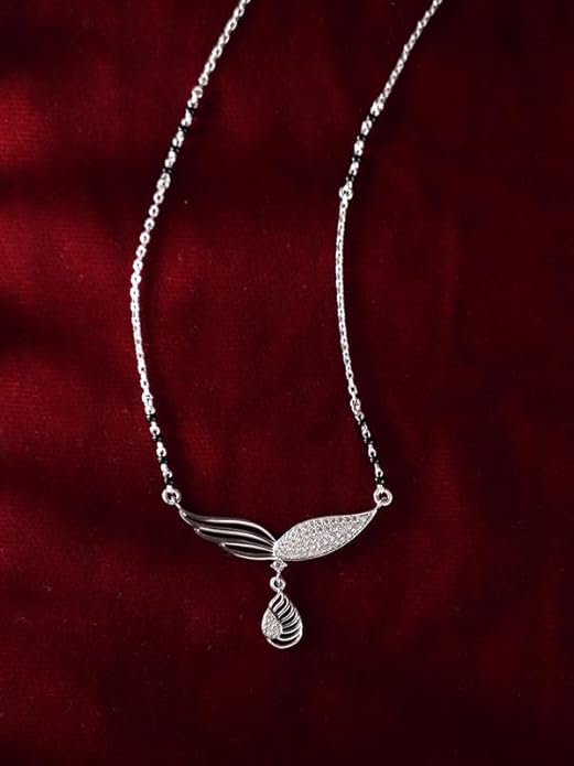 Minimal Mangalsutra in 925 Sterling Silver Tanmaniya Pendant with Black Beads Chain Platinum Plated Design
