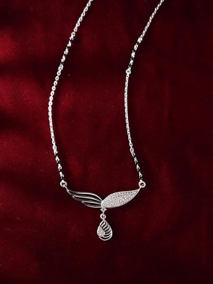 Minimal Mangalsutra in 925 Sterling Silver Tanmaniya Pendant with Black Beads Chain Platinum Plated Design