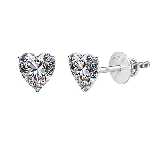 Screw Back Diamond Earrings in 925 Sterling Silver with Heart Brilliant Cubic Zirconia Design