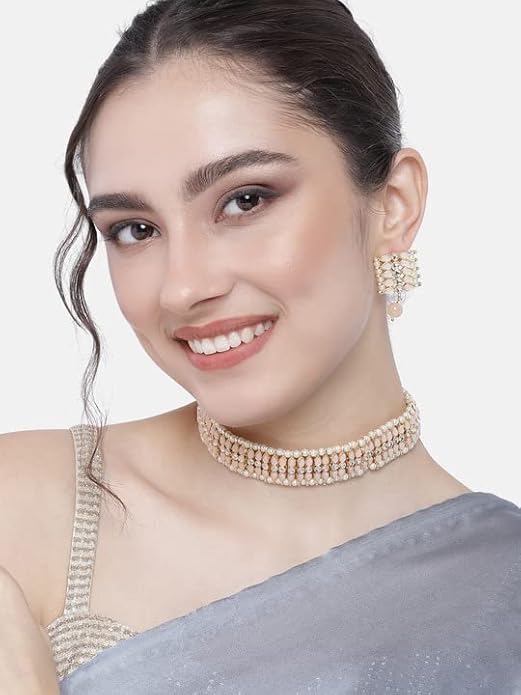 Pearl Choker Necklace Indian in Gold Plated Traditional Kundan and Pearl Choker Necklace Jewellery Set for Women and Girls