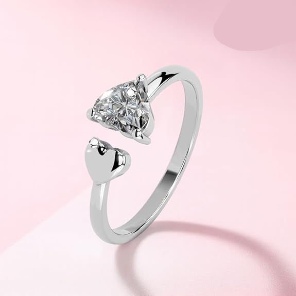 Silver Diamond Heart Ring in 925 Pure Sterling Silver Adjustable Elegant Design