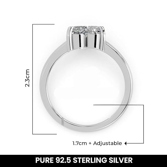 Silver Diamond Heart Ring in 925 Pure Sterling Silver Adjustable Elegant Design