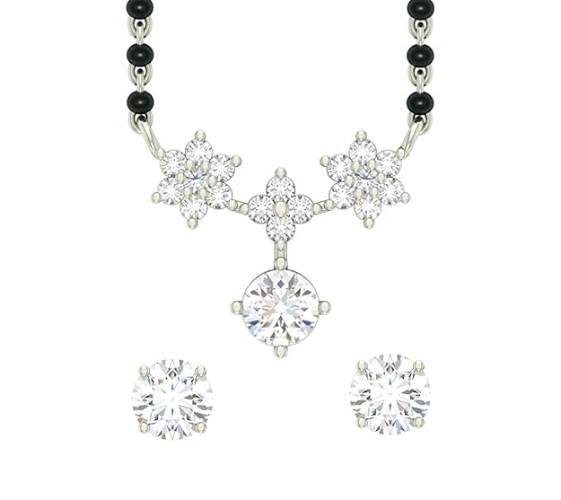 Simple Mangalsutra in 925 Sterling Silver Elegant Stone Studded Design with Earrings and Chain Platinum Plated Swiss Zirconia for Wife