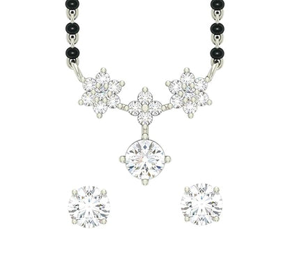 Simple Mangalsutra in 925 Sterling Silver Elegant Stone Studded Design with Earrings and Chain Platinum Plated Swiss Zirconia for Wife