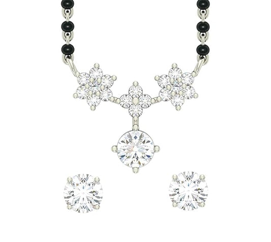 Simple Mangalsutra in 925 Sterling Silver Elegant Stone Studded Design with Earrings and Chain Platinum Plated Swiss Zirconia for Wife