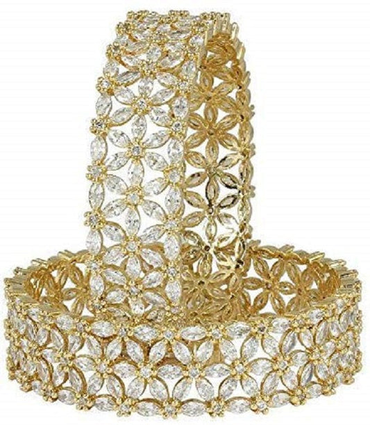 Gold-Plated White American Diamond studded Floral Shaped Bangles Jewellery Set (Set Of 2)