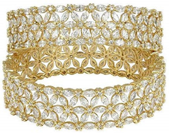 Gold-Plated White American Diamond studded Floral Shaped Bangles Jewellery Set (Set Of 2)