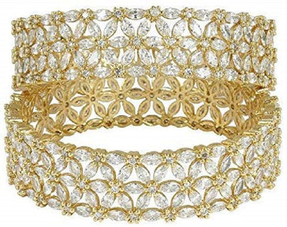 Gold-Plated White American Diamond studded Floral Shaped Bangles Jewellery Set (Set Of 2)