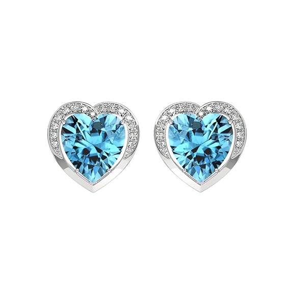 Heart Diamond Earrings in 925 Sterling Silver with Sky Blue Zirconia Design