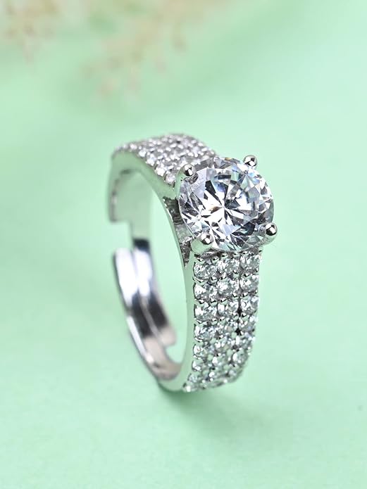 Silver Engagement Ring in Pure 925 Sterling Silver Solitaire Design with Adjustable Band