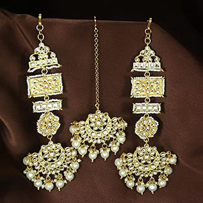 Rajasthani Mang Tikka in Gold Plated Matte Finish Kundan & Faux Pearl Chandbali Earring Set