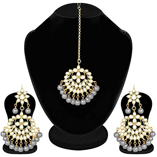 Bridal Mang Tika in Gold Plated Pearl and Kundan Studded Earring Set