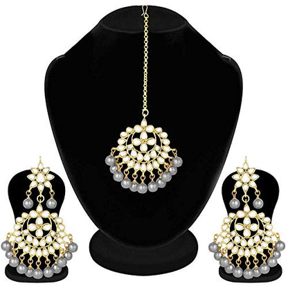 Bridal Mang Tika in Gold Plated Pearl and Kundan Studded Earring Set