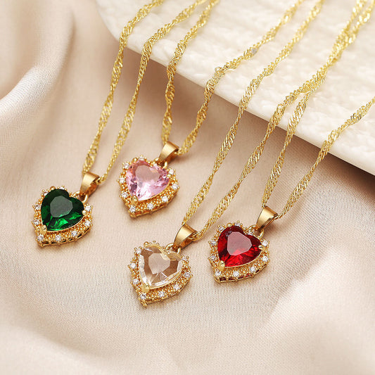 Colorful Rhinestones Heart-shped Necklace Love Gold Clavicle Chain For Women Valentine's Day