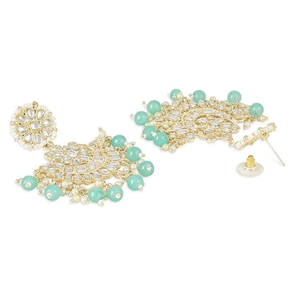 Dulhan Mang Tika in Gold Plated Traditional Kundan & Faux Pearl Chandbali Earring Set