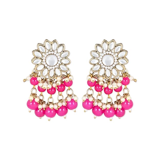 Kundan Choker Necklace Set in 18K Gold Plated Traditional Kundan Studded Pearl Hanging Choker Necklace Jewellery Set with Earrings and Maang Tikka