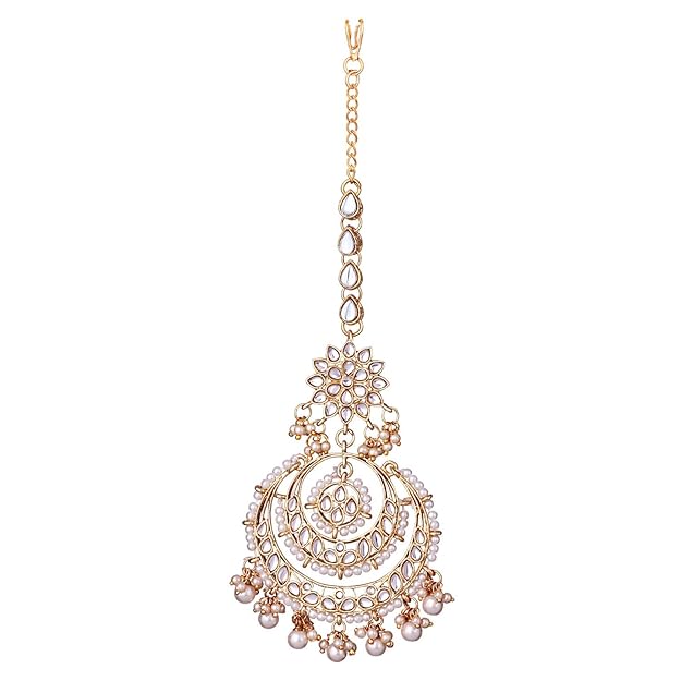 Pearl Necklace and Earring Set in Gold Plated Kundan Chandbali Design with Maang Tikka