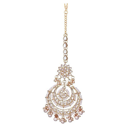 Pearl Necklace and Earring Set in Gold Plated Kundan Chandbali Design with Maang Tikka