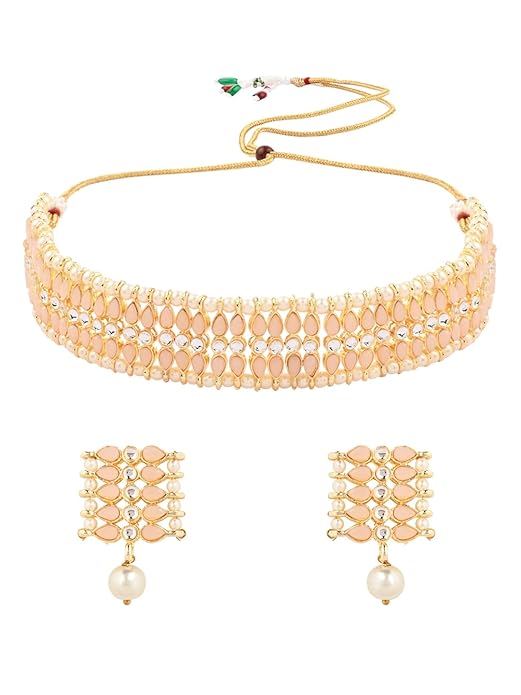 Pearl Choker Necklace Indian in Gold Plated Traditional Kundan and Pearl Choker Necklace Jewellery Set for Women and Girls