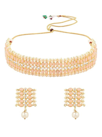 Pearl Choker Necklace Indian in Gold Plated Traditional Kundan and Pearl Choker Necklace Jewellery Set for Women and Girls