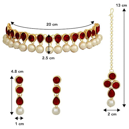 Kundan Jewellery Set in Traditional Kundan and Pearl Choker Necklace with Earrings and Maang Tikka Jewellery Set for Women and Girls