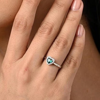 Heart Shaped Silver Ring in Pure 925 Sterling Silver Green Heart Solitaire Design with Adjustable Band