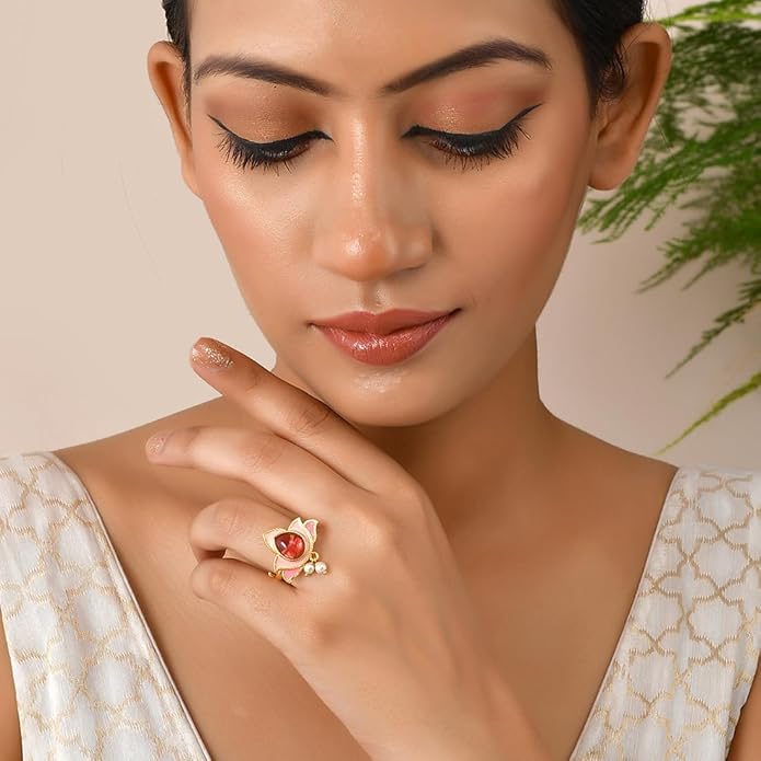 Pink Stone Pearl Kundan Ring