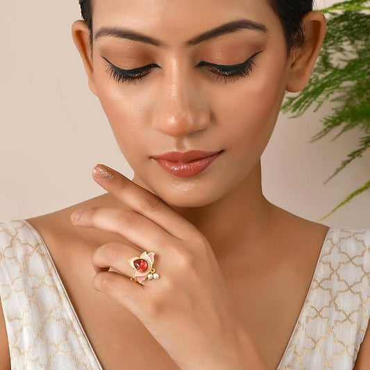 Pink Stone Pearl Kundan Ring
