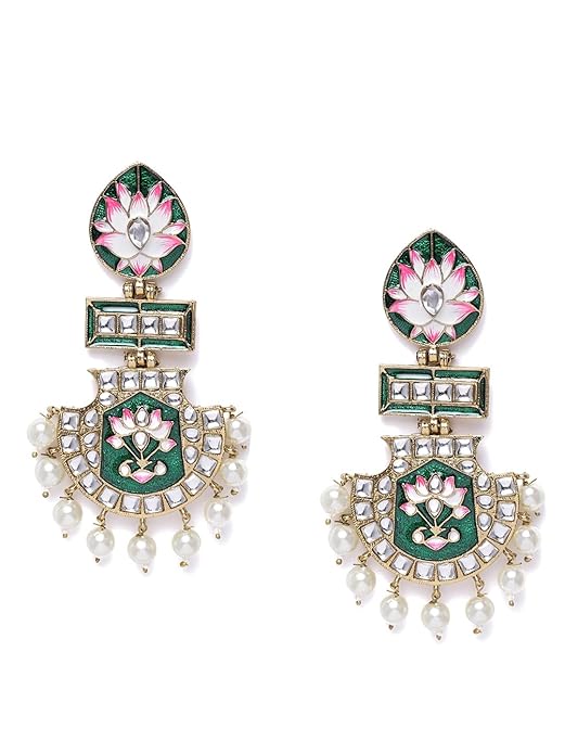 Green And Pink Meenakari Lotus Kundan Dangle Earrings