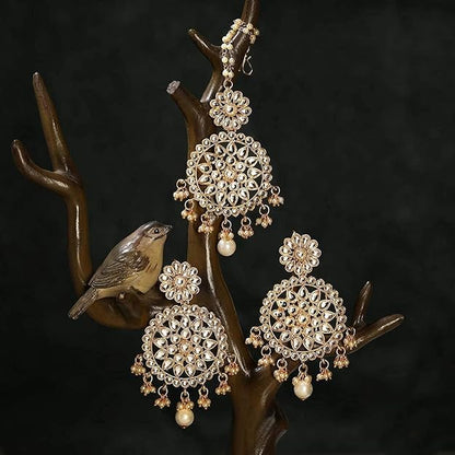 Indian Head Jewelry in 18K Gold Plated Kundan & Pearl Chandbali Earring Set