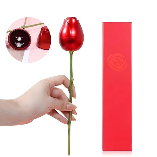 Wedding Ring Box for Ceremony with Metal Rose Design and Hidden Jewelry Storage