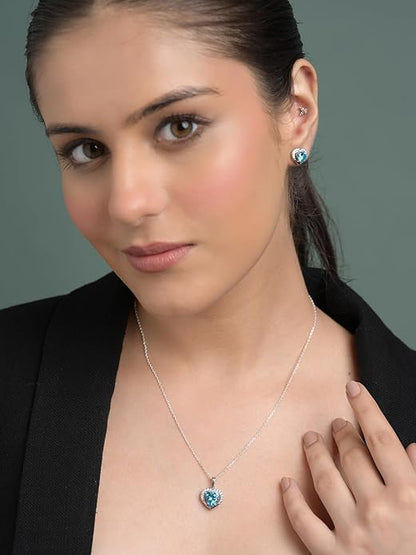 Heart Pendant and Earring Set in 925 Sterling Silver with Sky Blue Zirconia Design