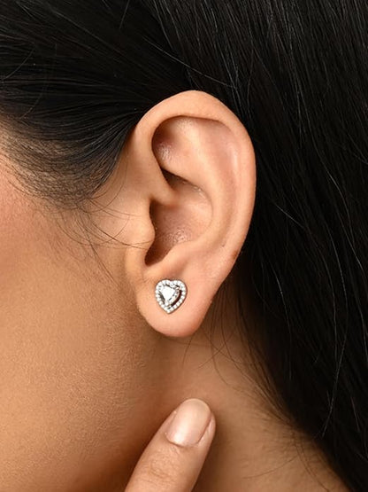 Heart Stud Earrings in Sterling Silver Zilvia Heart Solitaire Design with Platinum Plated Swiss Zirconia
