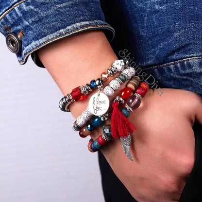 Bohemian I Love You Feather Charm Beaded Multilayer Bracelet for Women & Girls