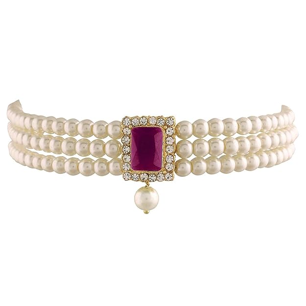 Pearl Choker Necklace in Gold Plated Traditional Stone and Pearl Choker Necklace Jewellery Set for Women