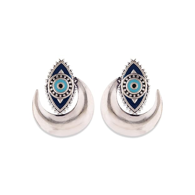 Silver Studs for Women in Evil Eye Crescent Oxidised Design