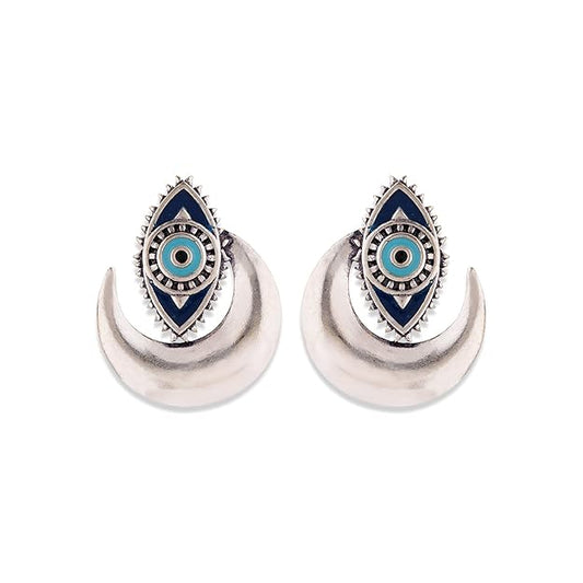 Oxidised Evil Eye Crescent Silver Stud Earrings
