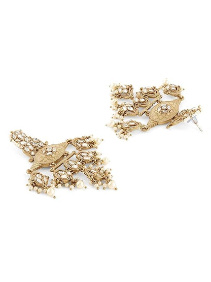 Gold Tone Pearl Cluster Meenakari Kundan Dangler Earrings